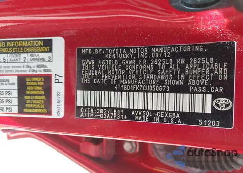 2012 Toyota Camry Hybrid Xle from USA, damaged, VIN 4T1BD1FK7CU050673